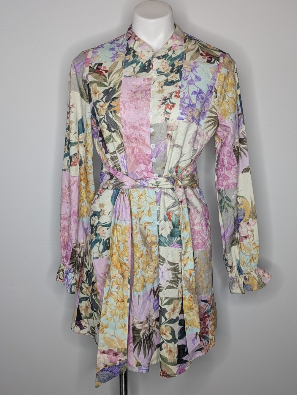 NWT Fate Purple Yellow Mixed Floral Long Sleeve Button Up Cotton Linen Dress M